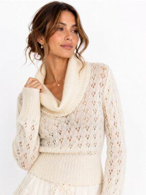Sisley Mohair Blend Open Knit Cowl Sweater Soft Girl Cream Medium